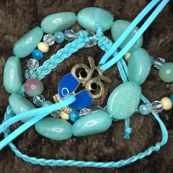 3/$25 NWT Blue Owl Leather Wrap Bracelet with Coordinating Stretch Bracelets - Picture 4 of 4